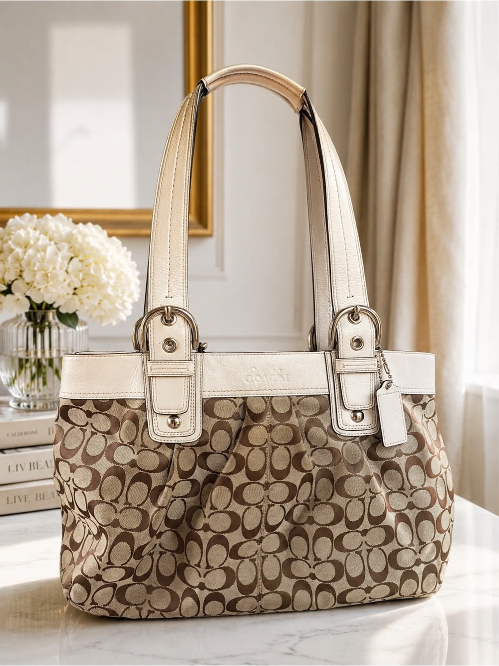 Coach SoHo Pleated Signature Tote Bag Ivory Leather Trim Large Y2K Shoulder Bag